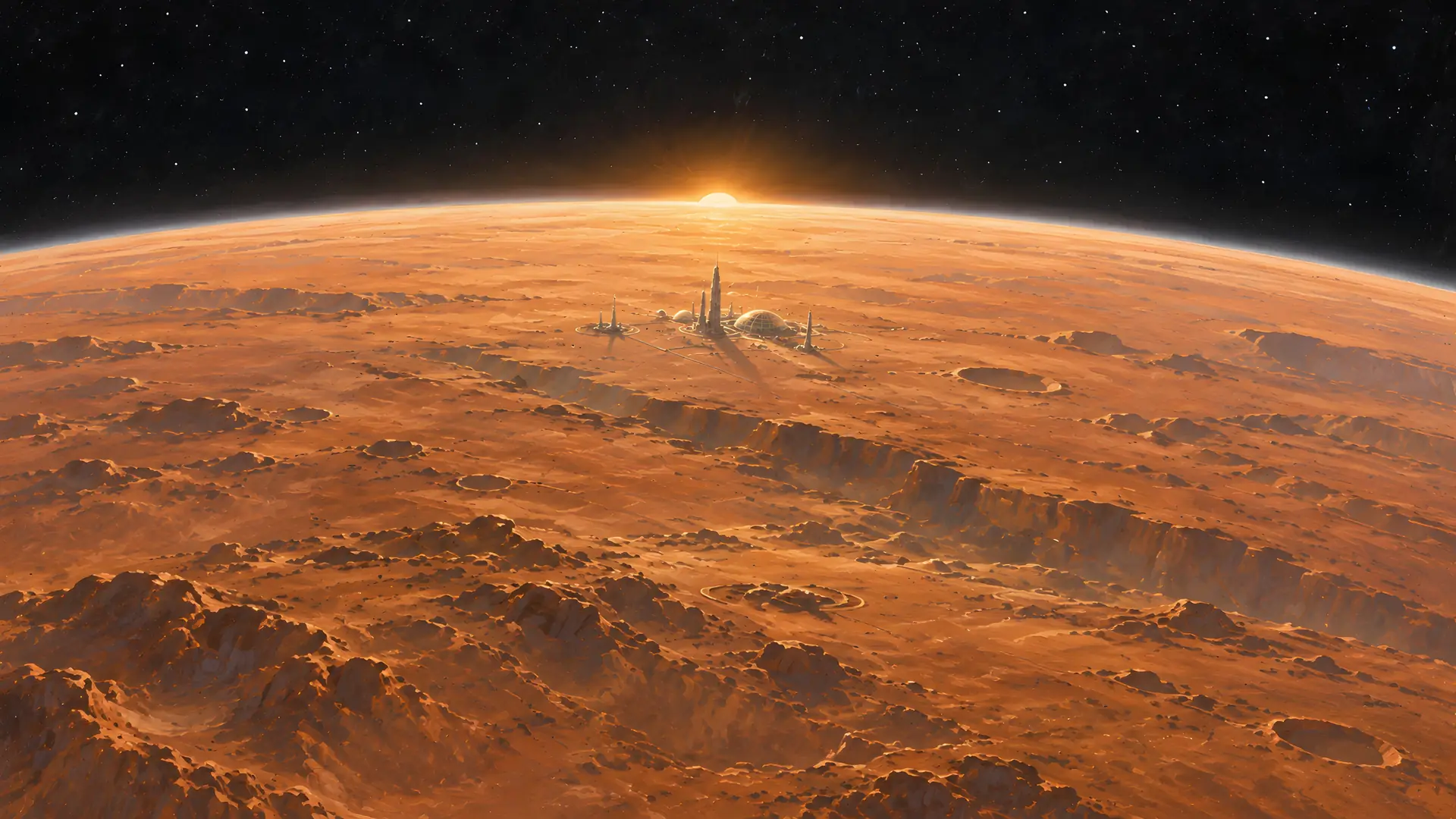 Illustration of a city on Mars seen from orbit through a spacecraft window