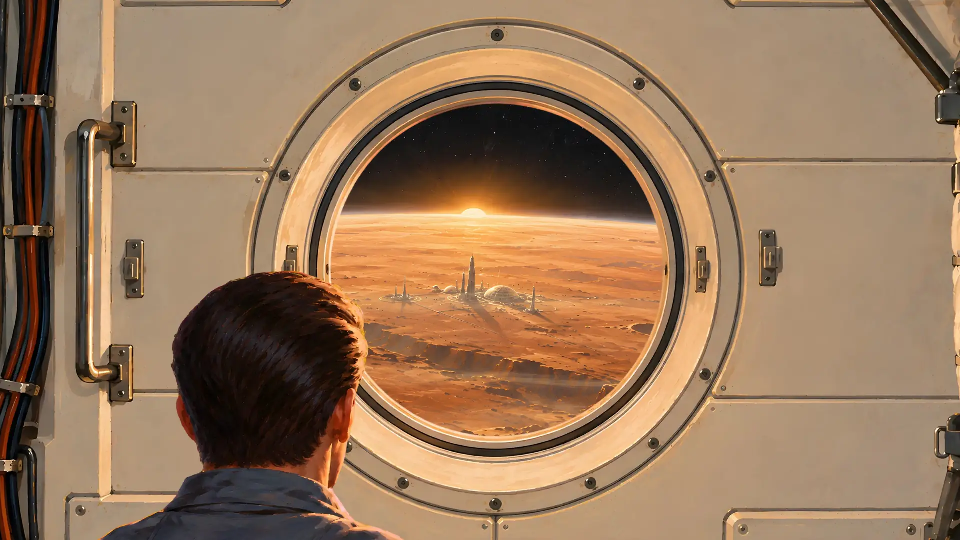 Painting of a young man in a spacecraft cabin, seen from behind, looking through a round window at a city on Mars at sunrise